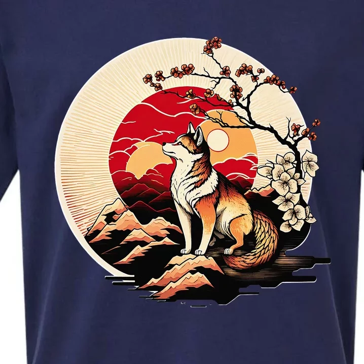 Japanese Shiba Inu Dog Sunset - Ukiyo-e Style Sueded Cloud Jersey T-Shirt