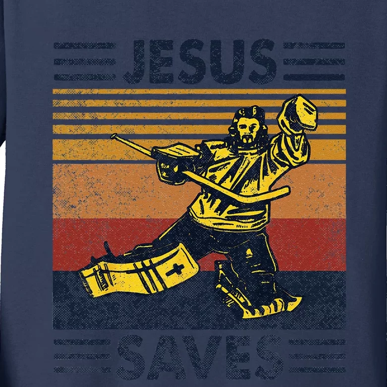 Jesus Saves Ice Hockey Goalie Sport Religious Christian Gift Kids Long Sleeve Shirt