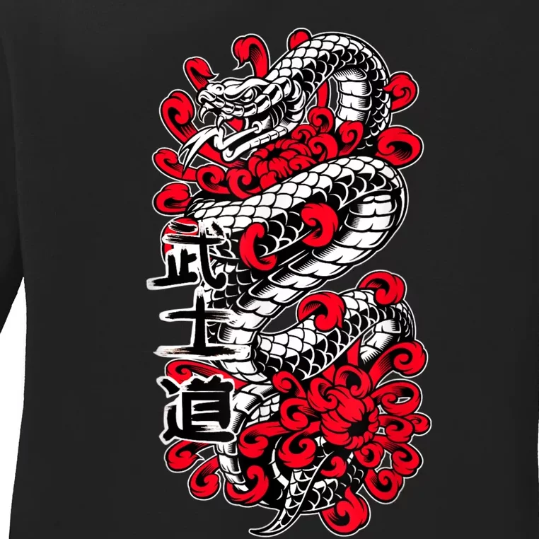 Japanese Snake Kanji Red Black White Animal Tattoo Art Ladies Long Sleeve Shirt