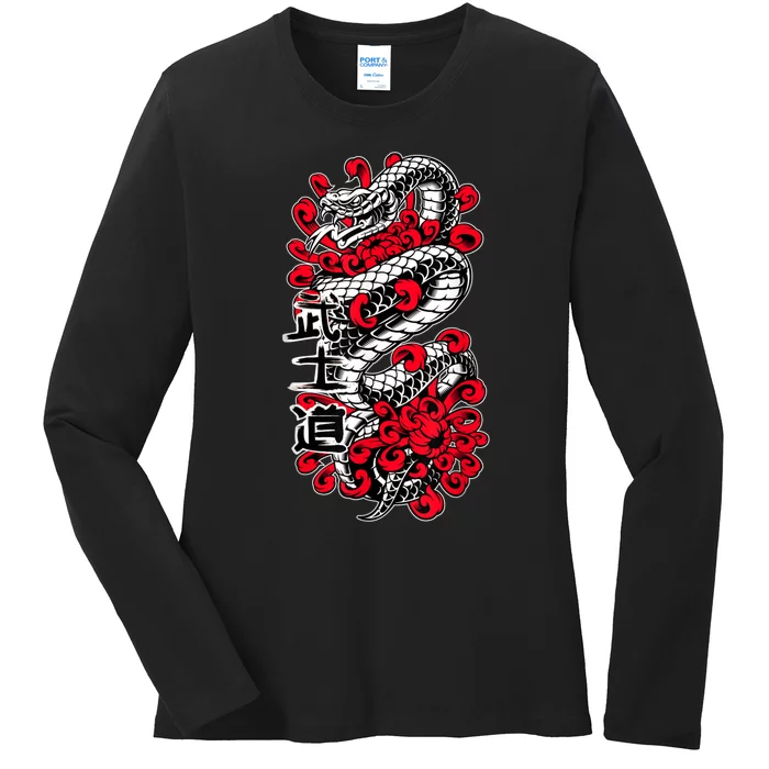 Japanese Snake Kanji Red Black White Animal Tattoo Art Ladies Long Sleeve Shirt