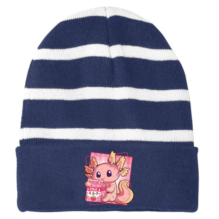 Japanese Style Kawaii Axolotl Strawberry Milk Anime Striped Beanie with Solid Band