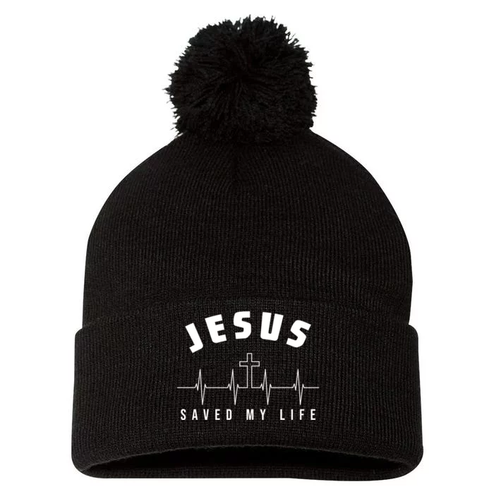 Jesus Saved My Life Cross Heartbeat Pom Pom 12in Knit Beanie