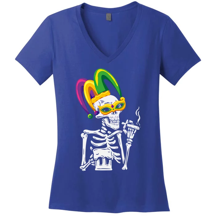 Jester Skeleton Masquerade Party Mardi Gras Bones Mask Gift Women's V-Neck T-Shirt