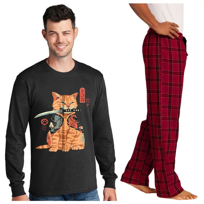 Japanese Samurai Ninja Cat Kawaii Attoo Zip Long Sleeve Pajama Set