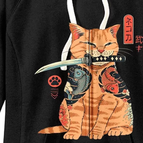 Japanese Samurai Ninja Cat Kawaii Attoo Zip Women's Fleece Hoodie