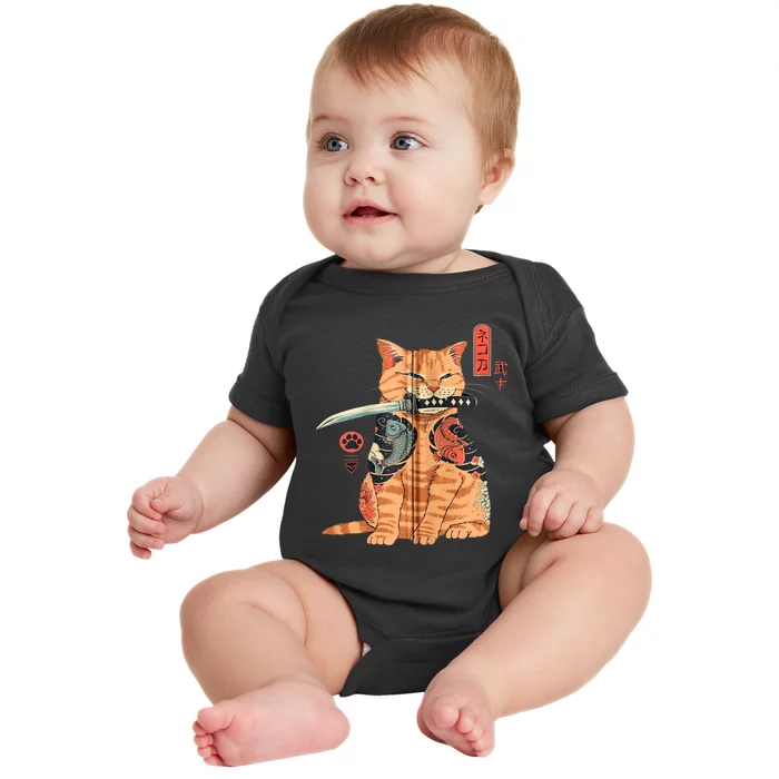 Japanese Samurai Ninja Cat Kawaii Attoo Zip Baby Bodysuit