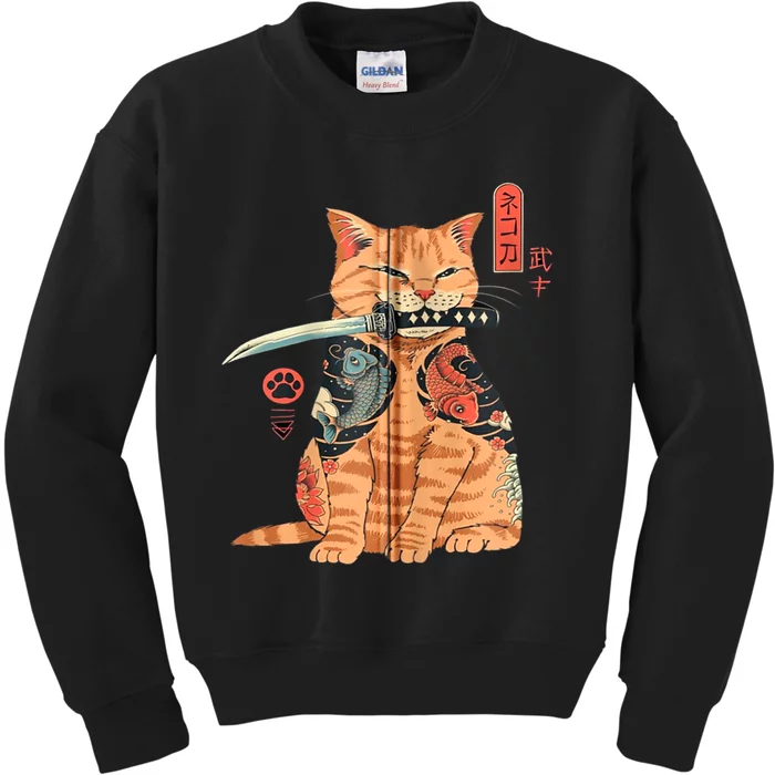 Japanese Samurai Ninja Cat Kawaii Attoo Zip Kids Sweatshirt