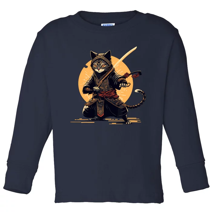 Japanese Samurai Ninja Cat Anime Kawaii Catzilla Cat Toddler Long Sleeve Shirt