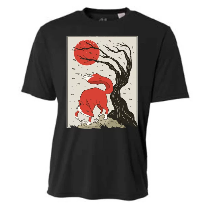 Japanese Style Painting Of The Fox, Tree And Sun Cooling Performance Crew T-Shirt