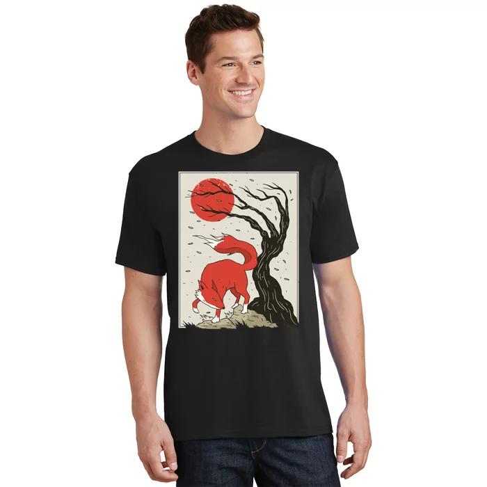 Japanese Style Painting Of The Fox, Tree And Sun T-Shirt