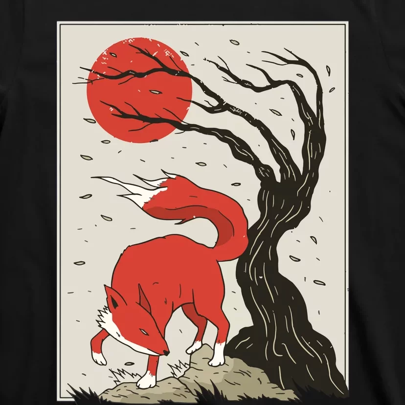 Japanese Style Painting Of The Fox, Tree And Sun T-Shirt