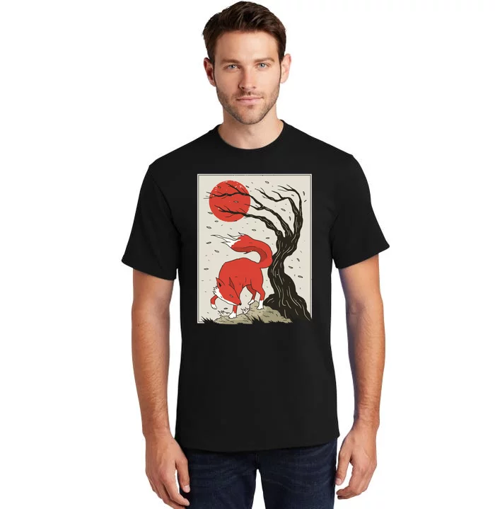 Japanese Style Painting Of The Fox, Tree And Sun Tall T-Shirt