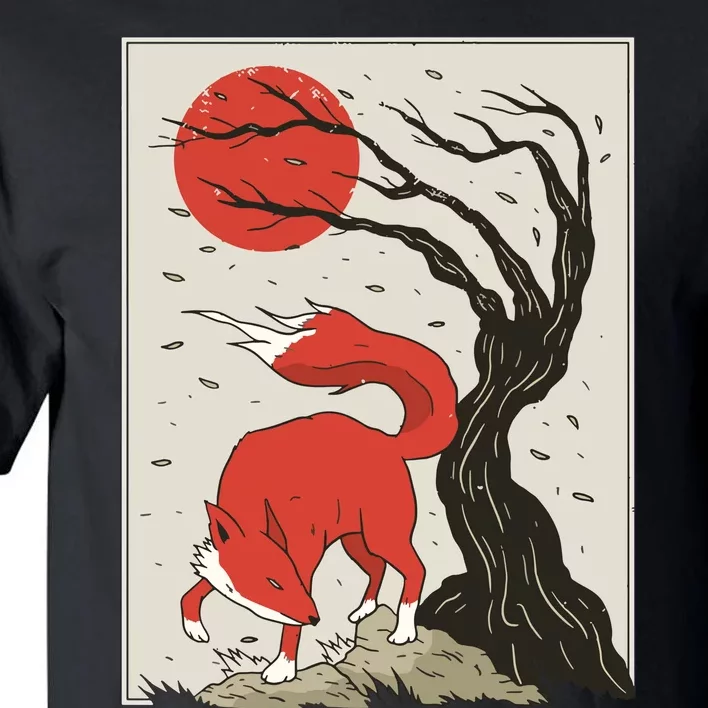 Japanese Style Painting Of The Fox, Tree And Sun Tall T-Shirt