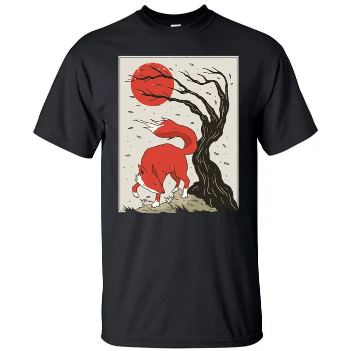 Japanese Style Painting Of The Fox, Tree And Sun Tall T-Shirt