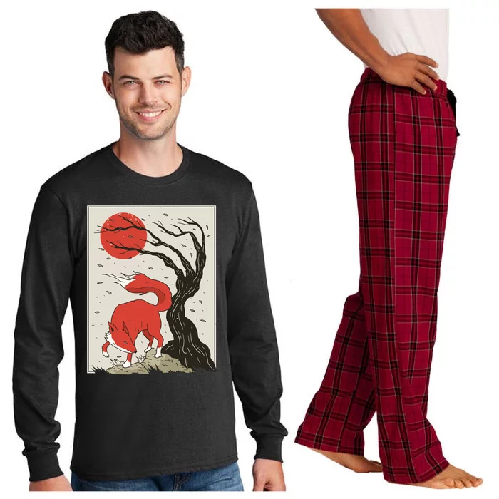 Japanese Style Painting Of The Fox, Tree And Sun Long Sleeve Pajama Set