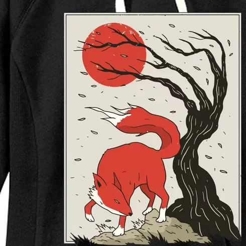 Japanese Style Painting Of The Fox, Tree And Sun Women's Fleece Hoodie