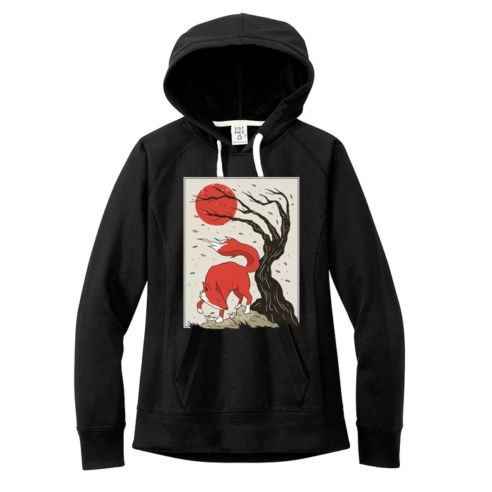 Japanese Style Painting Of The Fox, Tree And Sun Women's Fleece Hoodie