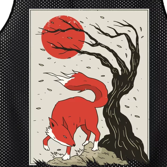 Japanese Style Painting Of The Fox, Tree And Sun Mesh Reversible Basketball Jersey Tank