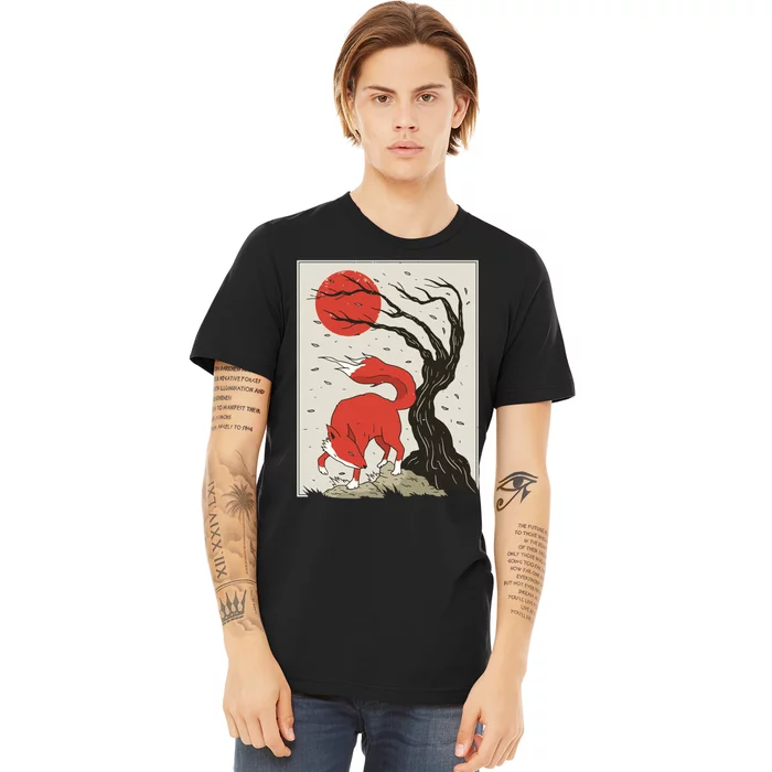 Japanese Style Painting Of The Fox, Tree And Sun Premium T-Shirt