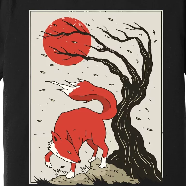 Japanese Style Painting Of The Fox, Tree And Sun Premium T-Shirt