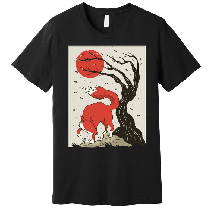 Japanese Style Painting Of The Fox, Tree And Sun Premium T-Shirt