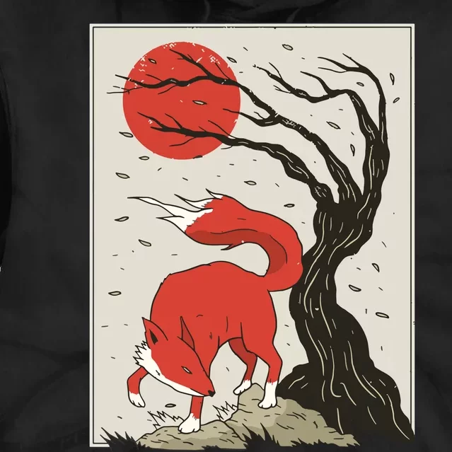 Japanese Style Painting Of The Fox, Tree And Sun Tie Dye Hoodie