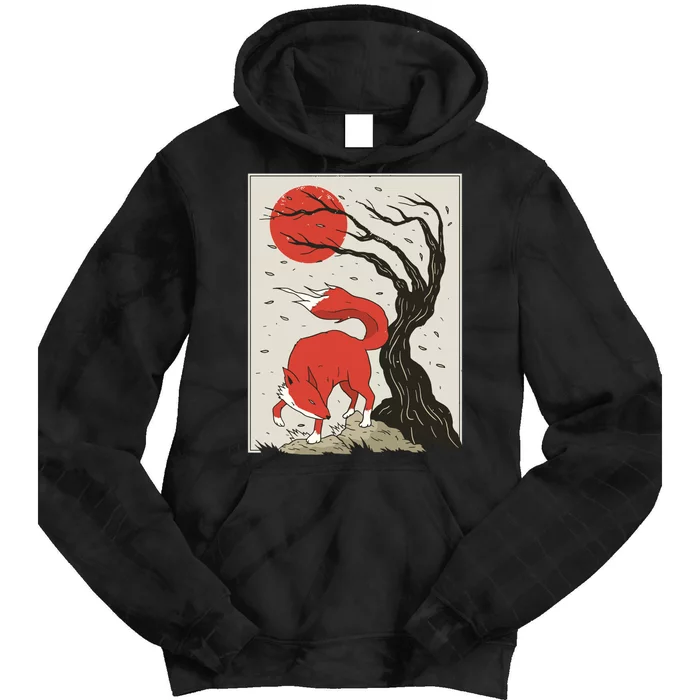 Japanese Style Painting Of The Fox, Tree And Sun Tie Dye Hoodie