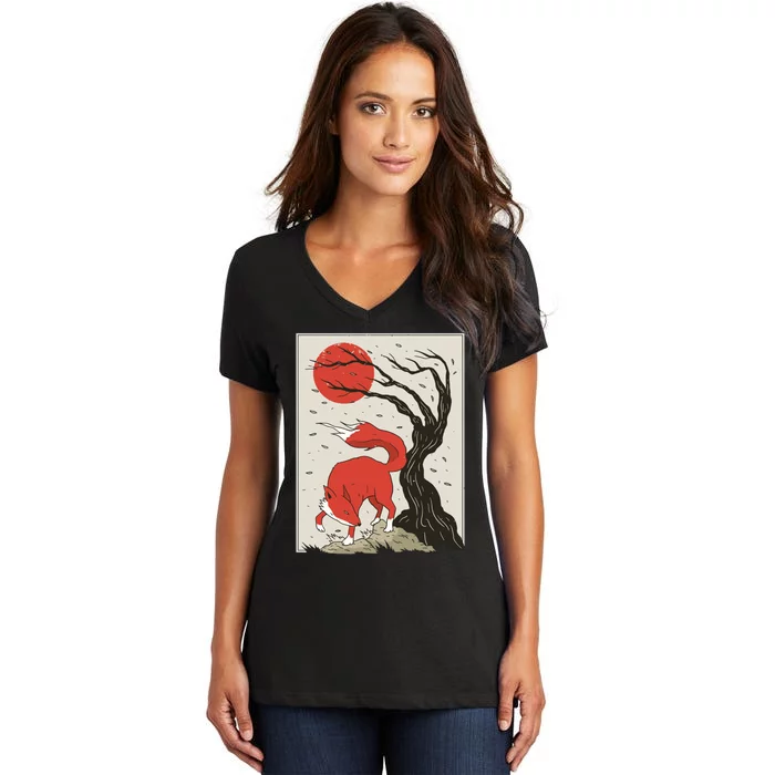 Japanese Style Painting Of The Fox, Tree And Sun Women's V-Neck T-Shirt