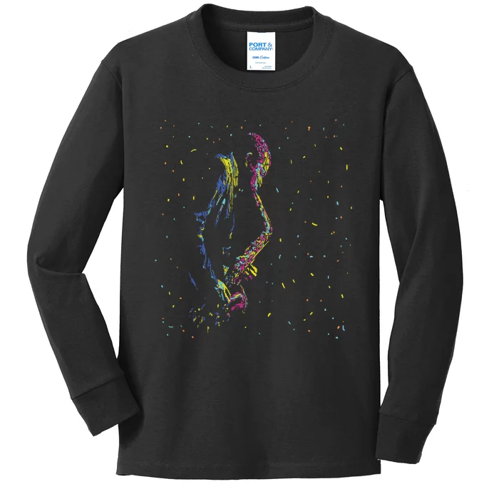 Jazz Saxophone Player Colorful Abstract Art Sax Musician Fan Kids Long Sleeve Shirt