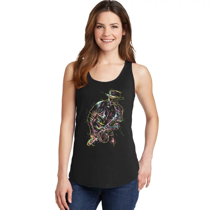 Jazz Saxophone Player Colorful Abstract Art Sax Musician Fan Ladies Essential Tank