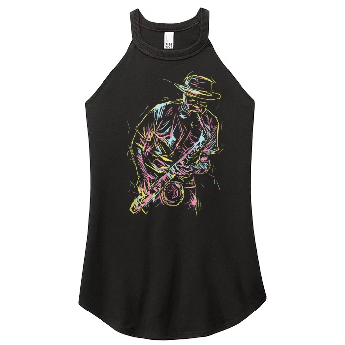 Jazz Saxophone Player Colorful Abstract Art Sax Musician Fan Women’s Perfect Tri Rocker Tank