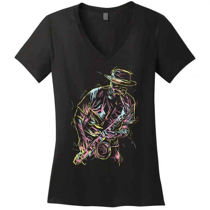 Jazz Saxophone Player Colorful Abstract Art Sax Musician Fan Women's V-Neck T-Shirt