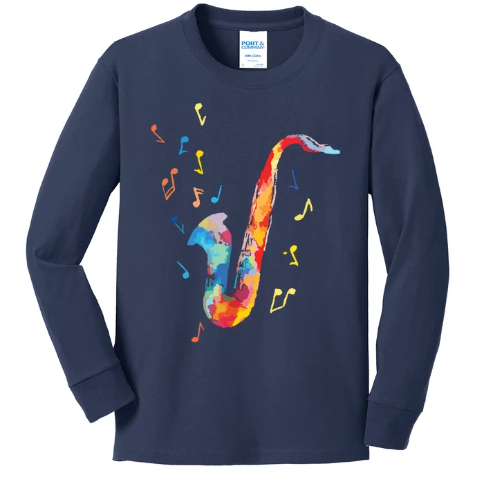 Jazz Saxophone Player Colorful Watercolor Art Sax Musician Kids Long Sleeve Shirt