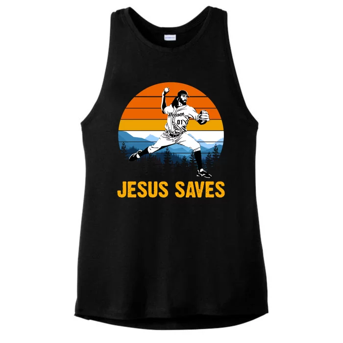 Jesus Saves Retro Baseball Pitcher Ladies Tri-Blend Wicking Tank