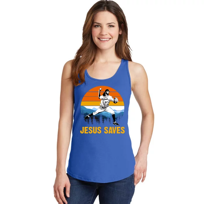 Jesus Saves Retro Baseball Pitcher Ladies Essential Tank