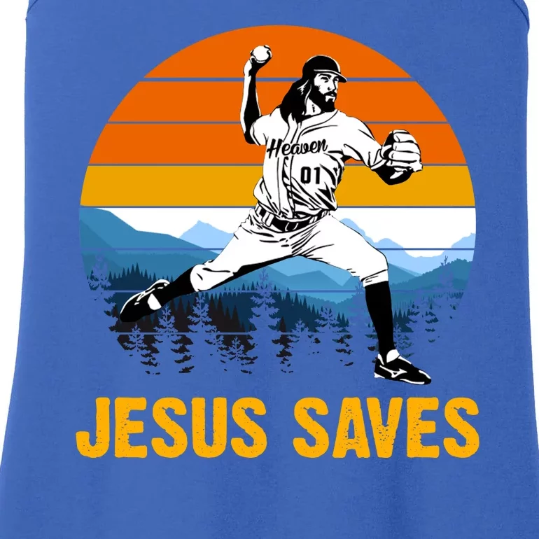 Jesus Saves Retro Baseball Pitcher Ladies Essential Tank