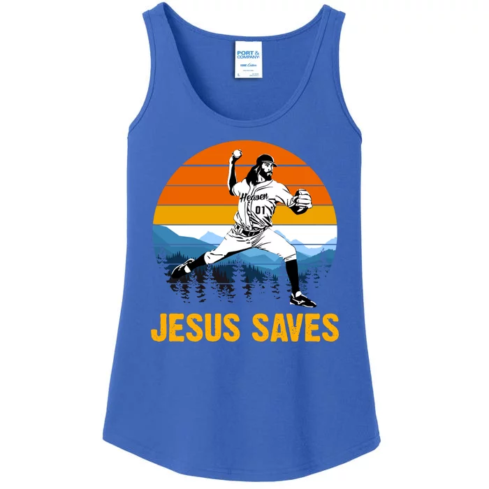 Jesus Saves Retro Baseball Pitcher Ladies Essential Tank