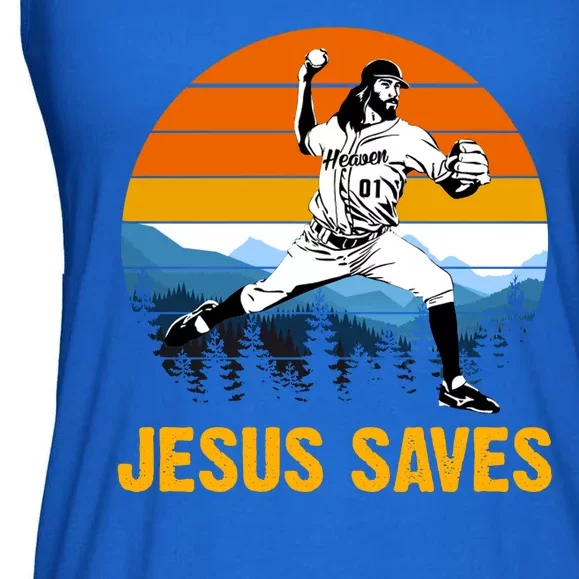 Jesus Saves Retro Baseball Pitcher Ladies Essential Flowy Tank