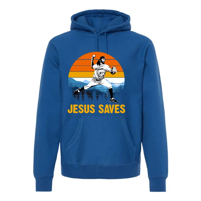 Jesus Saves Retro Baseball Pitcher Premium Hoodie