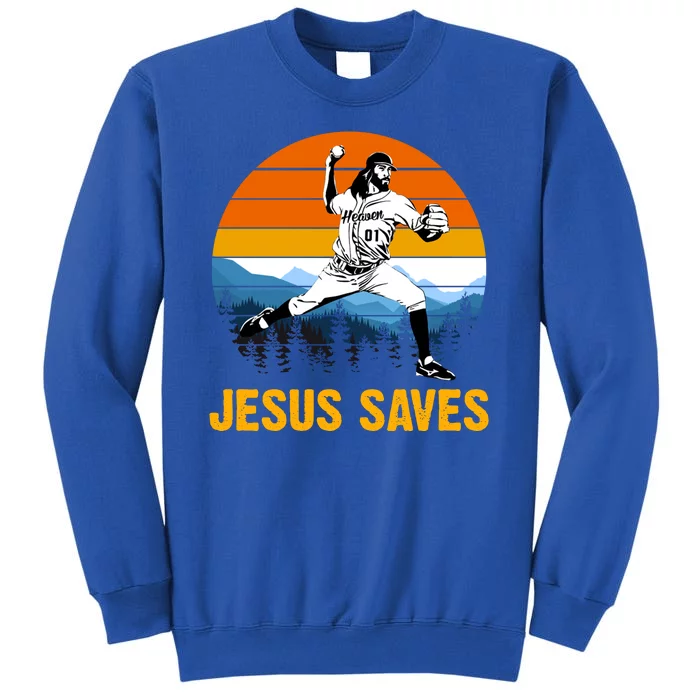 Jesus Saves Retro Baseball Pitcher Tall Sweatshirt