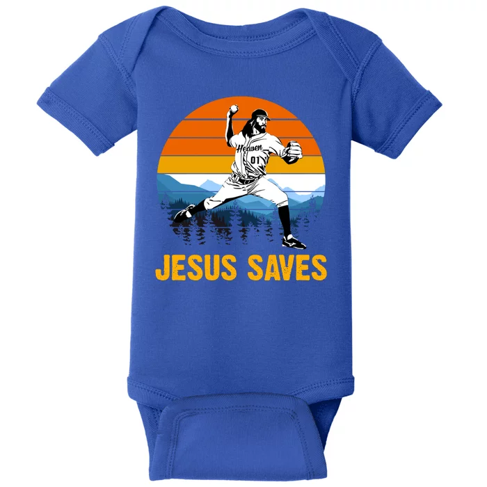 Jesus Saves Retro Baseball Pitcher Baby Bodysuit