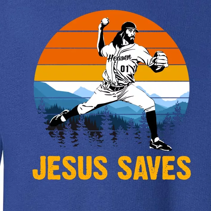 Jesus Saves Retro Baseball Pitcher Toddler Sweatshirt