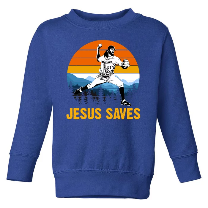 Jesus Saves Retro Baseball Pitcher Toddler Sweatshirt