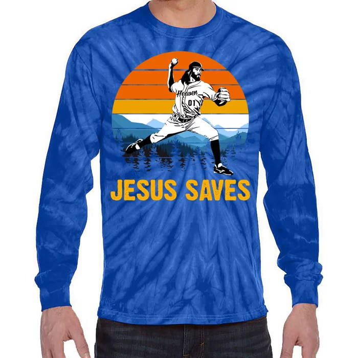 Jesus Saves Retro Baseball Pitcher Tie-Dye Long Sleeve Shirt