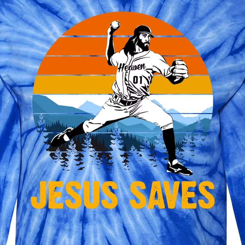 Jesus Saves Retro Baseball Pitcher Tie-Dye Long Sleeve Shirt