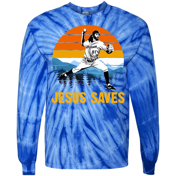 Jesus Saves Retro Baseball Pitcher Tie-Dye Long Sleeve Shirt