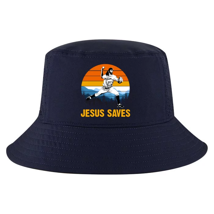 Jesus Saves Retro Baseball Pitcher Cool Comfort Performance Bucket Hat