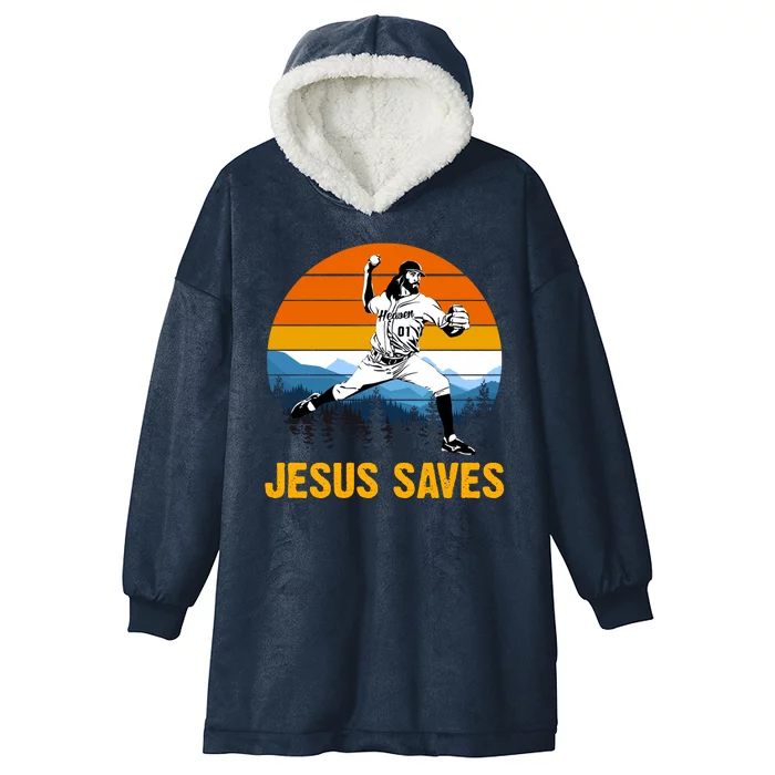 Jesus Saves Retro Baseball Pitcher Hooded Wearable Blanket