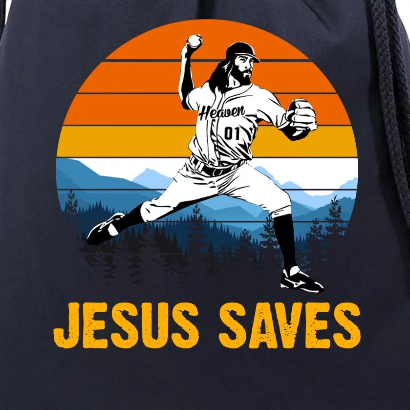 Jesus Saves Retro Baseball Pitcher Drawstring Bag