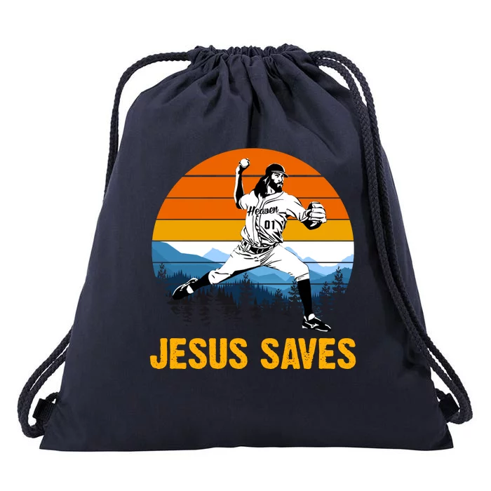 Jesus Saves Retro Baseball Pitcher Drawstring Bag